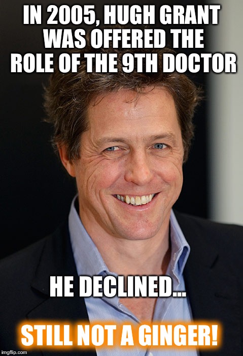 IN 2005, HUGH GRANT WAS OFFERED THE ROLE OF THE 9TH DOCTOR; HE DECLINED... STILL NOT A GINGER! | image tagged in little known doctor who facts | made w/ Imgflip meme maker