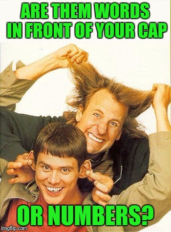 DUMB and dumber | ARE THEM WORDS IN FRONT OF YOUR CAP OR NUMBERS? | image tagged in dumb and dumber | made w/ Imgflip meme maker