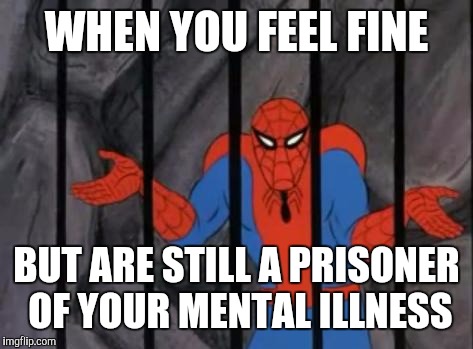 spiderman jail |  WHEN YOU FEEL FINE; BUT ARE STILL A PRISONER OF YOUR MENTAL ILLNESS | image tagged in spiderman jail | made w/ Imgflip meme maker