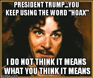 princess bride | PRESIDENT TRUMP...YOU KEEP USING THE WORD "HOAX"; I DO NOT THINK IT MEANS WHAT YOU THINK IT MEANS | image tagged in princess bride | made w/ Imgflip meme maker