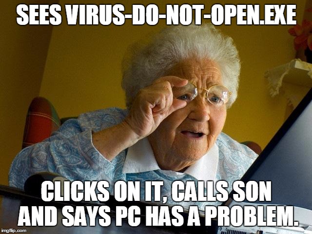 Grandma Finds The Internet Meme | SEES VIRUS-DO-NOT-OPEN.EXE; CLICKS ON IT, CALLS SON AND SAYS PC HAS A PROBLEM. | image tagged in memes,grandma finds the internet | made w/ Imgflip meme maker