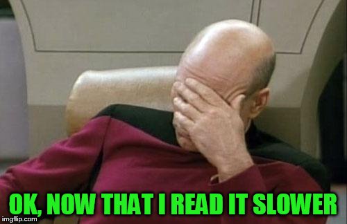 Captain Picard Facepalm Meme | OK, NOW THAT I READ IT SLOWER | image tagged in memes,captain picard facepalm | made w/ Imgflip meme maker