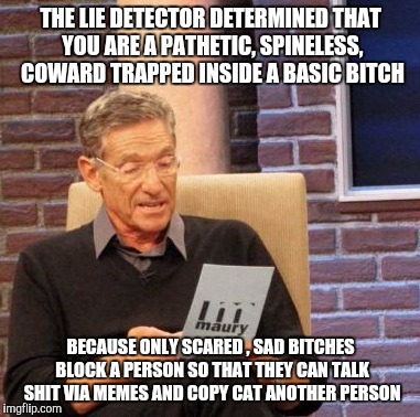 Maury Lie Detector Meme | THE LIE DETECTOR DETERMINED THAT YOU ARE A PATHETIC, SPINELESS, COWARD TRAPPED INSIDE A BASIC BITCH; BECAUSE ONLY SCARED , SAD BITCHES BLOCK A PERSON SO THAT THEY CAN TALK SHIT VIA MEMES AND COPY CAT ANOTHER PERSON | image tagged in memes,maury lie detector | made w/ Imgflip meme maker