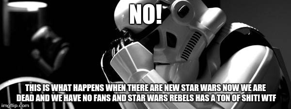 NO! THIS IS WHAT HAPPENS WHEN THERE ARE NEW STAR WARS NOW WE ARE DEAD AND WE HAVE NO FANS AND STAR WARS REBELS HAS A TON OF SHIT! WTF | image tagged in star wars | made w/ Imgflip meme maker