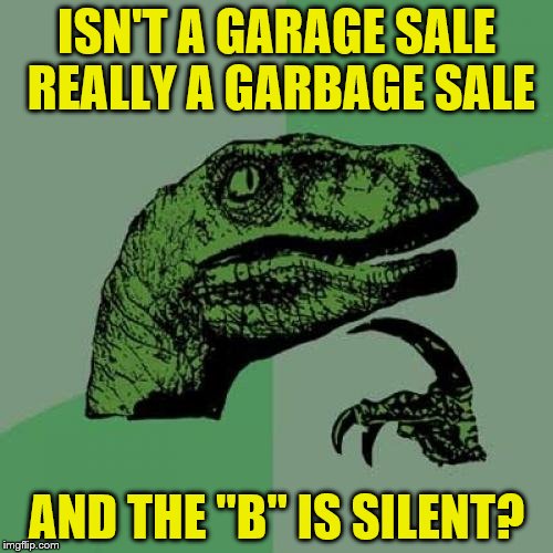 Philosoraptor Meme | ISN'T A GARAGE SALE REALLY A GARBAGE SALE; AND THE "B" IS SILENT? | image tagged in memes,philosoraptor | made w/ Imgflip meme maker