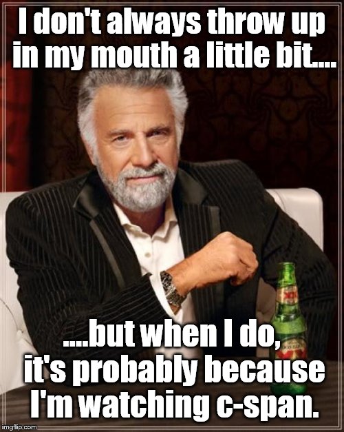 The least interesting government in the world  | I don't always throw up in my mouth a little bit.... ....but when I do, it's probably because I'm watching c-span. | image tagged in memes,the most interesting man in the world | made w/ Imgflip meme maker