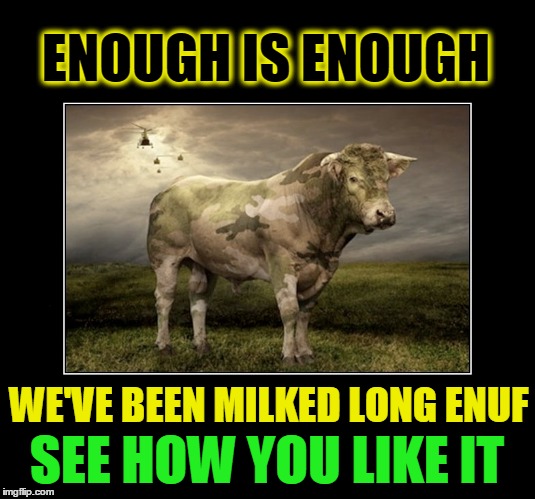 I'm MAD and I Ain't Gonna Take it Anymore | ENOUGH IS ENOUGH; WE'VE BEEN MILKED LONG ENUF; SEE HOW YOU LIKE IT | image tagged in vince vance,mad cow,of course you know this means war,cow in camouflage,man versus cow,the war with cows | made w/ Imgflip meme maker