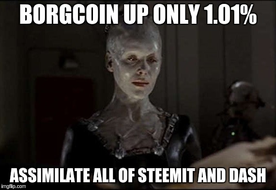 I am the Borg. | BORGCOIN UP ONLY 1.01%; ASSIMILATE ALL OF STEEMIT AND DASH | image tagged in i am the borg | made w/ Imgflip meme maker