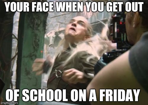 Legolas crazy | YOUR FACE WHEN YOU GET OUT; OF SCHOOL ON A FRIDAY | image tagged in legolas crazy | made w/ Imgflip meme maker