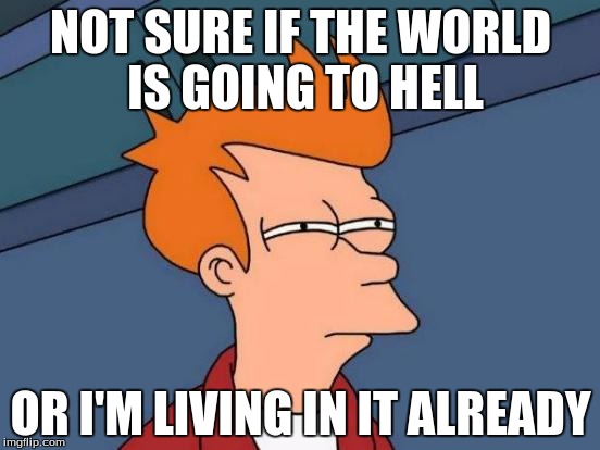 Futurama Fry Meme | NOT SURE IF THE WORLD IS GOING TO HELL; OR I'M LIVING IN IT ALREADY | image tagged in memes,futurama fry | made w/ Imgflip meme maker