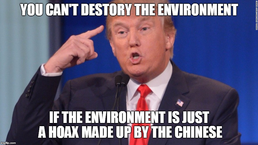 YOU CAN'T DESTORY THE ENVIRONMENT; IF THE ENVIRONMENT IS JUST A HOAX MADE UP BY THE CHINESE | image tagged in duh-nuld trump | made w/ Imgflip meme maker