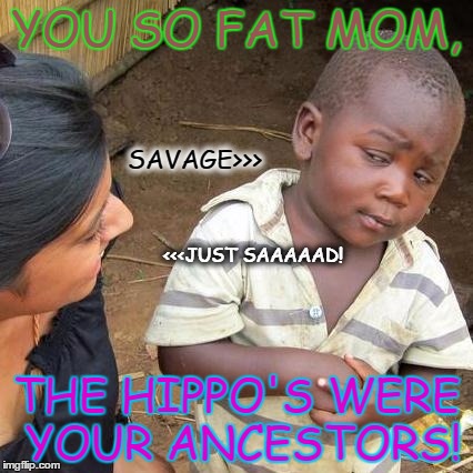 Third World Skeptical Kid Meme | YOU SO FAT MOM, SAVAGE>>>; <<<JUST SAAAAAD! THE HIPPO'S WERE YOUR ANCESTORS! | image tagged in memes,third world skeptical kid | made w/ Imgflip meme maker
