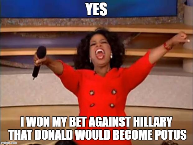 Oprah You Get A Meme | YES; I WON MY BET AGAINST HILLARY THAT DONALD WOULD BECOME POTUS | image tagged in memes,oprah you get a | made w/ Imgflip meme maker