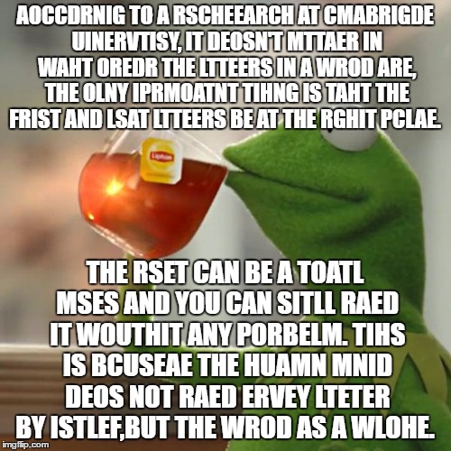 Can you raed tihs? | AOCCDRNIG TO A RSCHEEARCH AT CMABRIGDE UINERVTISY, IT DEOSN'T MTTAER IN WAHT OREDR THE LTTEERS IN A WROD ARE, THE OLNY IPRMOATNT TIHNG IS TAHT THE FRIST AND LSAT LTTEERS BE AT THE RGHIT PCLAE. THE RSET CAN BE A TOATL MSES AND YOU CAN SITLL RAED IT WOUTHIT ANY PORBELM. TIHS IS BCUSEAE THE HUAMN MNID DEOS NOT RAED ERVEY LTETER BY ISTLEF,BUT THE WROD AS A WLOHE. | image tagged in memes,but thats none of my business,kermit the frog | made w/ Imgflip meme maker