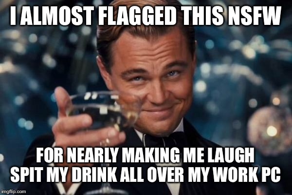 Leonardo Dicaprio Cheers Meme | I ALMOST FLAGGED THIS NSFW FOR NEARLY MAKING ME LAUGH SPIT MY DRINK ALL OVER MY WORK PC | image tagged in memes,leonardo dicaprio cheers | made w/ Imgflip meme maker
