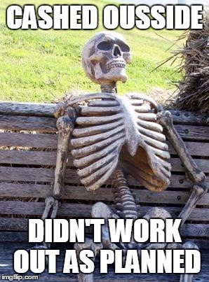 Waiting Skeleton Meme | CASHED OUSSIDE DIDN'T WORK OUT AS PLANNED | image tagged in memes,waiting skeleton | made w/ Imgflip meme maker