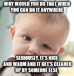 Skeptical Baby Meme | WHY WOULD YOU DO THAT WHEN YOU CAN DO IT ANYWHERE SERIOUSLY, IT'S NICE AND WARM AND IT GET'S CLEANED UP BY SOMEONE ELSE | image tagged in memes,skeptical baby | made w/ Imgflip meme maker