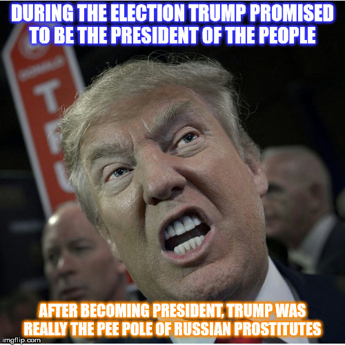 The Home of the Lame and of Pee I see ! | DURING THE ELECTION TRUMP PROMISED TO BE THE PRESIDENT OF THE PEOPLE; AFTER BECOMING PRESIDENT, TRUMP WAS REALLY THE PEE POLE OF RUSSIAN PROSTITUTES | image tagged in donald trump,russia | made w/ Imgflip meme maker