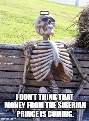 Waiting Skeleton | ... I DON'T THINK THAT MONEY FROM THE SIBERIAN PRINCE IS COMING. | image tagged in memes,waiting skeleton | made w/ Imgflip meme maker