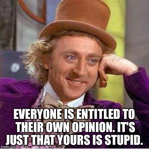 Willie Wonka | EVERYONE IS ENTITLED TO THEIR OWN OPINION. IT'S JUST THAT YOURS IS STUPID. | image tagged in willie wonka | made w/ Imgflip meme maker