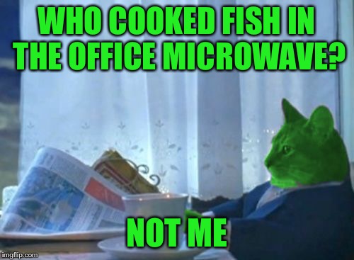 But whoever it is, I'll eat it! | WHO COOKED FISH IN THE OFFICE MICROWAVE? NOT ME | image tagged in i should buy a boat raycat,memes | made w/ Imgflip meme maker