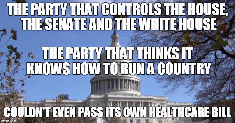 THE PARTY THAT CONTROLS THE HOUSE, THE SENATE AND THE WHITE HOUSE; THE PARTY THAT THINKS IT KNOWS HOW TO RUN A COUNTRY; COULDN'T EVEN PASS ITS OWN HEALTHCARE BILL | image tagged in politics | made w/ Imgflip meme maker