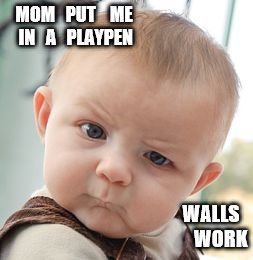 Skeptical Baby Meme | MOM   PUT    ME   IN   A   PLAYPEN; WALLS     WORK | image tagged in memes,skeptical baby | made w/ Imgflip meme maker