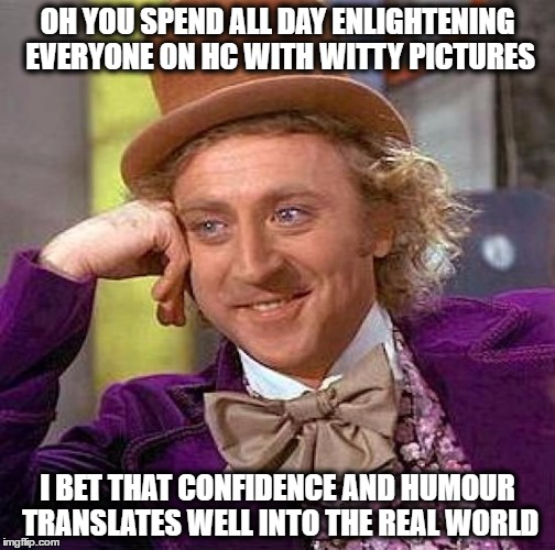 Creepy Condescending Wonka Meme | OH YOU SPEND ALL DAY ENLIGHTENING EVERYONE ON HC WITH WITTY PICTURES; I BET THAT CONFIDENCE AND HUMOUR TRANSLATES WELL INTO THE REAL WORLD | image tagged in memes,creepy condescending wonka | made w/ Imgflip meme maker