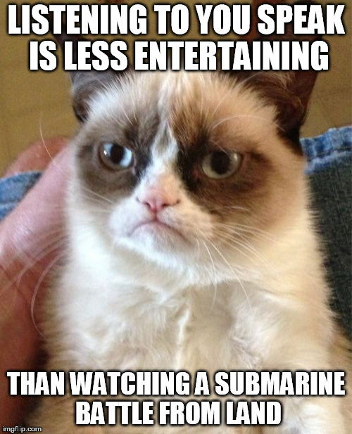 Grumpy Cat | LISTENING TO YOU SPEAK IS LESS ENTERTAINING; THAN WATCHING A SUBMARINE BATTLE FROM LAND | image tagged in memes,grumpy cat | made w/ Imgflip meme maker