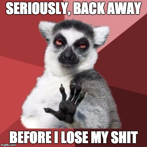 Chill Out Lemur Meme | SERIOUSLY, BACK AWAY; BEFORE I LOSE MY SHIT | image tagged in memes,chill out lemur | made w/ Imgflip meme maker