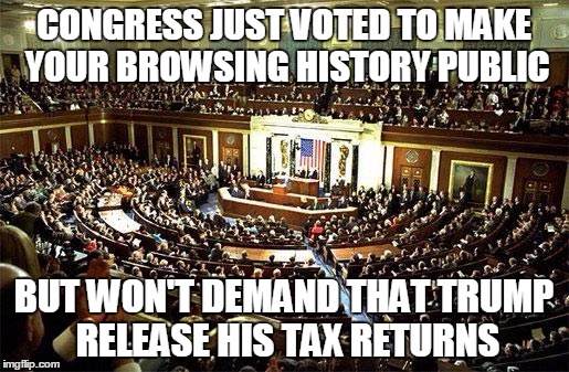 Congress | CONGRESS JUST VOTED TO MAKE YOUR BROWSING HISTORY PUBLIC; BUT WON'T DEMAND THAT TRUMP RELEASE HIS TAX RETURNS | image tagged in congress,trump,tax returns | made w/ Imgflip meme maker