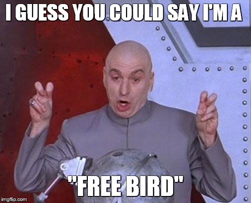 Music Lyric Memes - Popcornmouth is forcing a meme week.  |  I GUESS YOU COULD SAY I'M A; "FREE BIRD" | image tagged in memes,dr evil laser | made w/ Imgflip meme maker