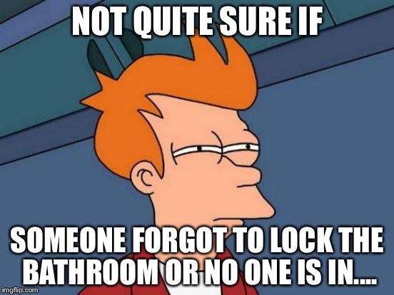 Futurama Fry | NOT QUITE SURE IF; SOMEONE FORGOT TO LOCK THE BATHROOM OR NO ONE IS IN.... | image tagged in memes,futurama fry | made w/ Imgflip meme maker
