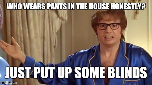 WHO WEARS PANTS IN THE HOUSE HONESTLY? JUST PUT UP SOME BLINDS​ | made w/ Imgflip meme maker