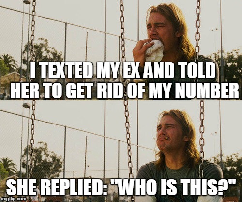First World Stoner Problems | I TEXTED MY EX AND TOLD HER TO GET RID OF MY NUMBER; SHE REPLIED: "WHO IS THIS?" | image tagged in memes,first world stoner problems | made w/ Imgflip meme maker