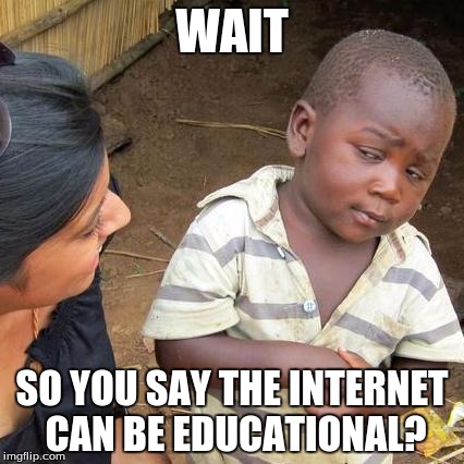 Third World Skeptical Kid | WAIT; SO YOU SAY THE INTERNET CAN BE EDUCATIONAL? | image tagged in memes,third world skeptical kid | made w/ Imgflip meme maker