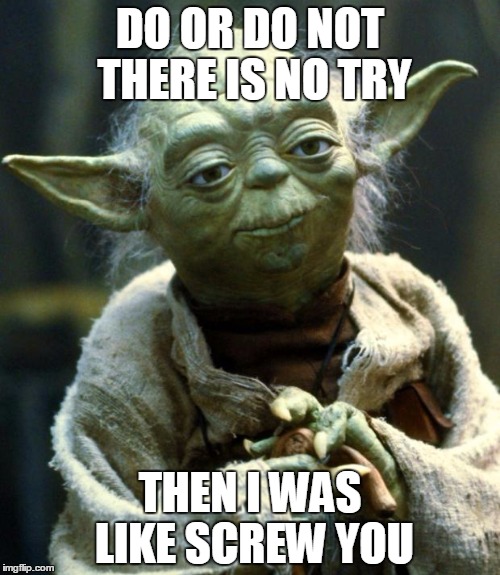 Star Wars Yoda Meme | DO OR DO NOT THERE IS NO TRY; THEN I WAS LIKE SCREW YOU | image tagged in memes,star wars yoda | made w/ Imgflip meme maker