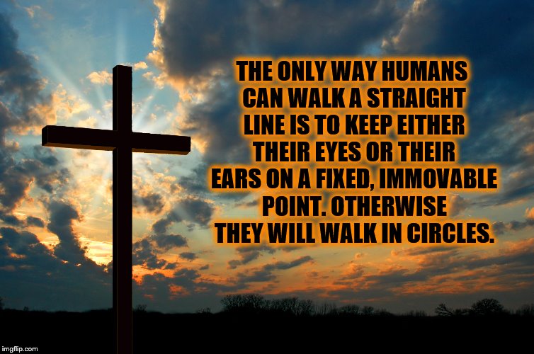 The shortest distance between two points is a straight line | THE ONLY WAY HUMANS CAN WALK A STRAIGHT LINE IS TO KEEP EITHER THEIR EYES OR THEIR EARS ON A FIXED, IMMOVABLE POINT. OTHERWISE THEY WILL WALK IN CIRCLES. | image tagged in cross | made w/ Imgflip meme maker