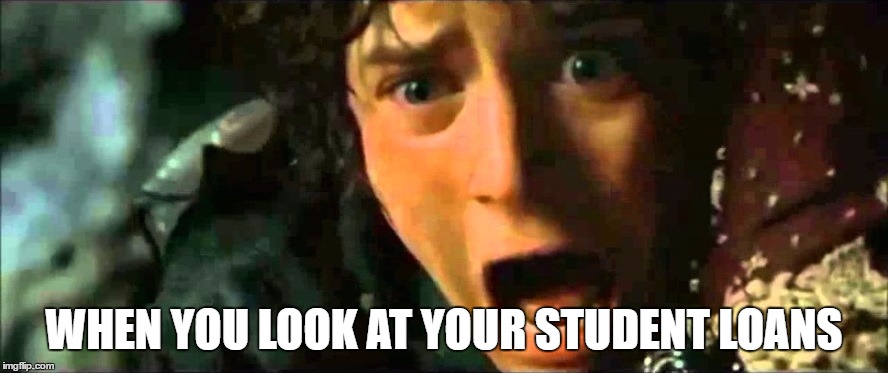 College | WHEN YOU LOOK AT YOUR STUDENT LOANS | image tagged in frodo - noo edited to size,college,student loans,debt | made w/ Imgflip meme maker