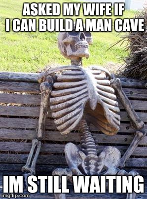 Waiting Skeleton | ASKED MY WIFE IF I CAN BUILD A MAN CAVE; IM STILL WAITING | image tagged in memes,waiting skeleton | made w/ Imgflip meme maker
