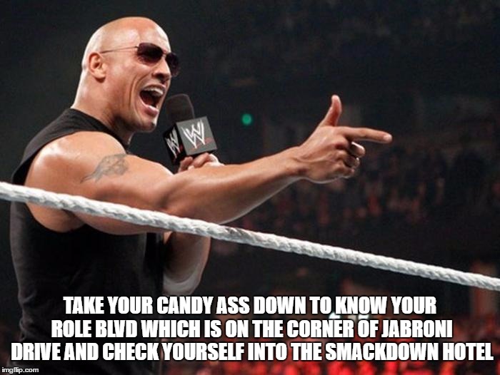 TAKE YOUR CANDY ASS DOWN TO KNOW YOUR ROLE BLVD WHICH IS ON THE CORNER OF JABRONI DRIVE AND CHECK YOURSELF INTO THE SMACKDOWN HOTEL | image tagged in the rock | made w/ Imgflip meme maker