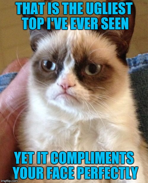 Grumpy Cat | THAT IS THE UGLIEST TOP I'VE EVER SEEN; YET IT COMPLIMENTS YOUR FACE PERFECTLY | image tagged in memes,grumpy cat | made w/ Imgflip meme maker