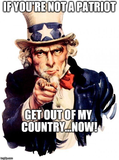 Uncle Sam | IF YOU'RE NOT A PATRIOT; GET OUT OF MY COUNTRY...NOW! | image tagged in memes,uncle sam | made w/ Imgflip meme maker