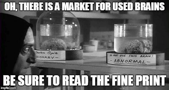 When Shopping for a Used Brain Read the Fine Print | OH, THERE IS A MARKET FOR USED BRAINS; BE SURE TO READ THE FINE PRINT | image tagged in abby normal brain,young frankenstein,igor | made w/ Imgflip meme maker