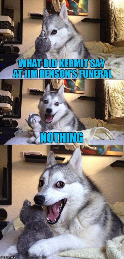 Bad Pun Dog Meme | WHAT DID KERMIT SAY AT JIM HENSON'S FUNERAL NOTHING | image tagged in memes,bad pun dog | made w/ Imgflip meme maker
