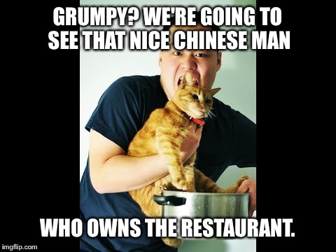 GRUMPY? WE'RE GOING TO SEE THAT NICE CHINESE MAN WHO OWNS THE RESTAURANT. | made w/ Imgflip meme maker