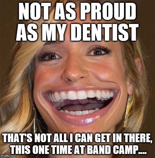 big mouth | NOT AS PROUD AS MY DENTIST THAT'S NOT ALL I CAN GET IN THERE, THIS ONE TIME AT BAND CAMP.... | image tagged in big mouth | made w/ Imgflip meme maker