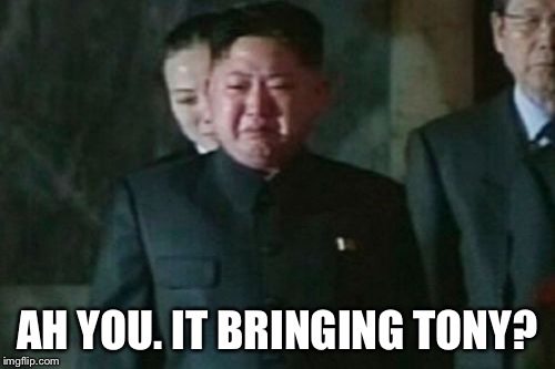 Kim Jong Un Sad Meme | AH YOU. IT BRINGING TONY? | image tagged in memes,kim jong un sad | made w/ Imgflip meme maker