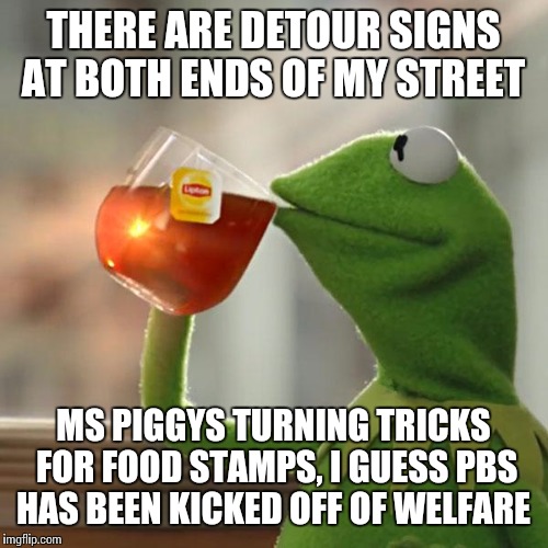 Gwen Eiffel must be spinning in her grave | THERE ARE DETOUR SIGNS AT BOTH ENDS OF MY STREET; MS PIGGYS TURNING TRICKS FOR FOOD STAMPS, I GUESS PBS HAS BEEN KICKED OFF OF WELFARE | image tagged in memes,but thats none of my business,kermit the frog | made w/ Imgflip meme maker