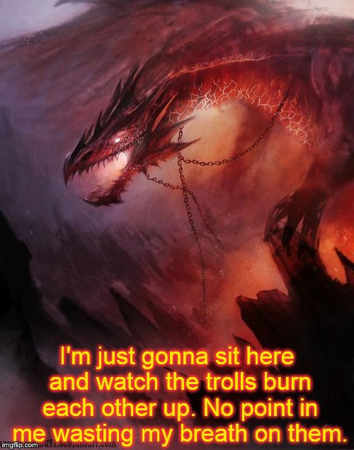 I'm just gonna sit here and watch the trolls burn each other up. No point in me wasting my breath on them. | image tagged in imgflip trolls,red dragon,youre only hurting yourselves | made w/ Imgflip meme maker